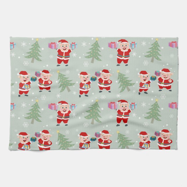 Santa  Pig Giving Gifts Pattern Tea Towel (Horizontal)