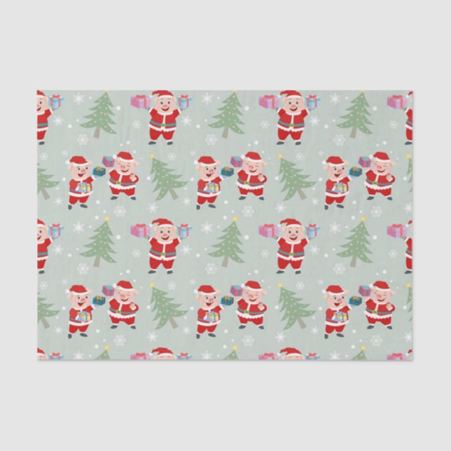 Santa  Pig Giving Gifts Pattern Tissue Paper (Front)