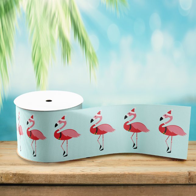 Santa Pink Flamingo Christmas Blue Holiday Pattern Grosgrain Ribbon (Get this fun flamingo ribbon for your Christmas.)
