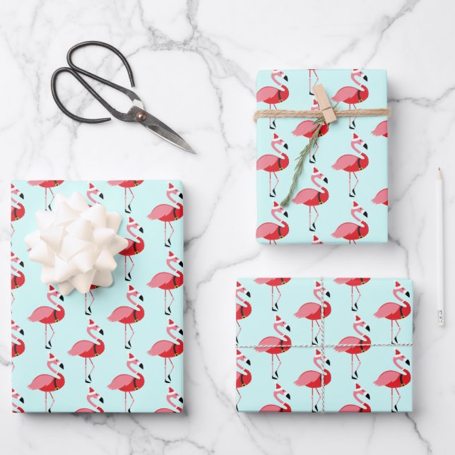 Santa Pink Flamingo Christmas Pattern Wrapping Paper Sheet (Front)