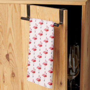 Santa Pink Flamingo Christmas Tea Towel