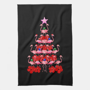 Santa Pink Flamingo Christmas Tree Tea Towel