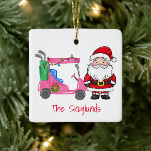 Santa Pink Golf Cart Personalised Christmas Golfer Ceramic Ornament
