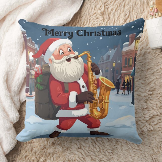 Santa playing a saxophone Christmas Throw Pillow (Blanket)