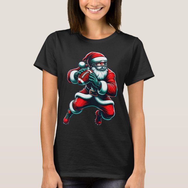 Santa Playing American Football Christmas Women Me T-Shirt (Front)
