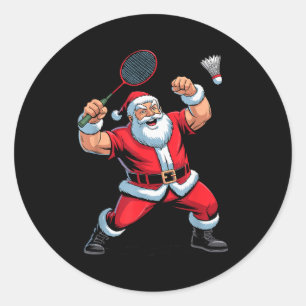 Santa Playing Badminton Funny Holiday Christmas Xm Classic Round Sticker