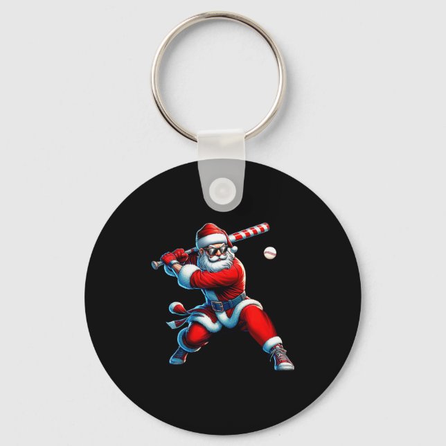 Santa Playing Baseball Men Boys Christmas Baseball Key Ring (Front)