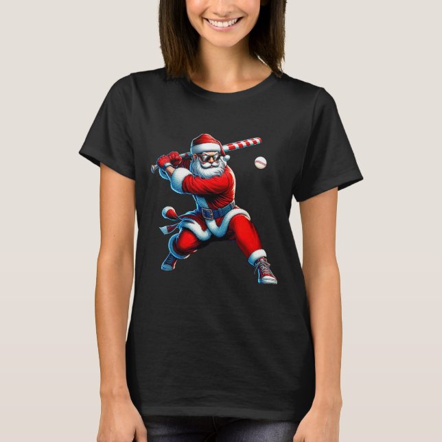 Santa Playing Baseball Men Boys Christmas Baseball T-Shirt (Front)
