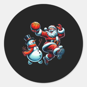 Santa Playing Basketball With A Snowman Christmas  Classic Round Sticker