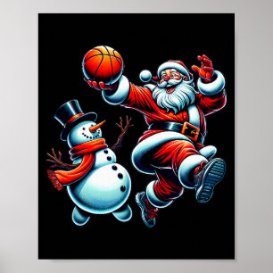 Santa Playing Basketball With A Snowman Christmas Poster