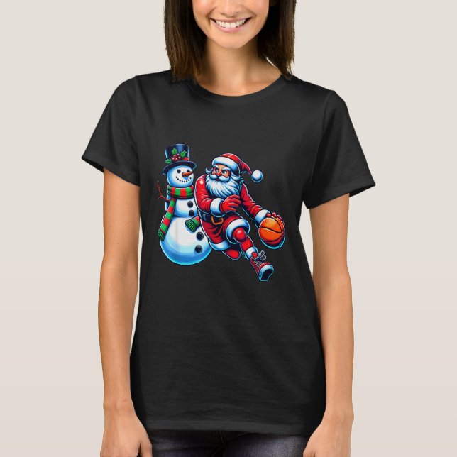 Santa Playing Basketball With A Snowman Christmas  T-Shirt (Front)