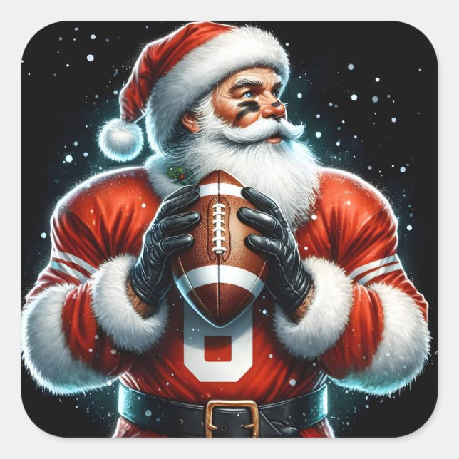 Santa Playing Football in Winter Square Sticker (Front)