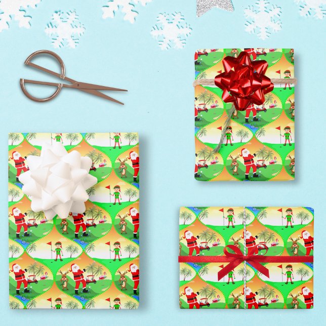 Santa Playing Golf In Florida Christmas Ogee Wrapping Paper Sheet (Swing into the Christmas spirit with Santa and his friends this holiday season! )