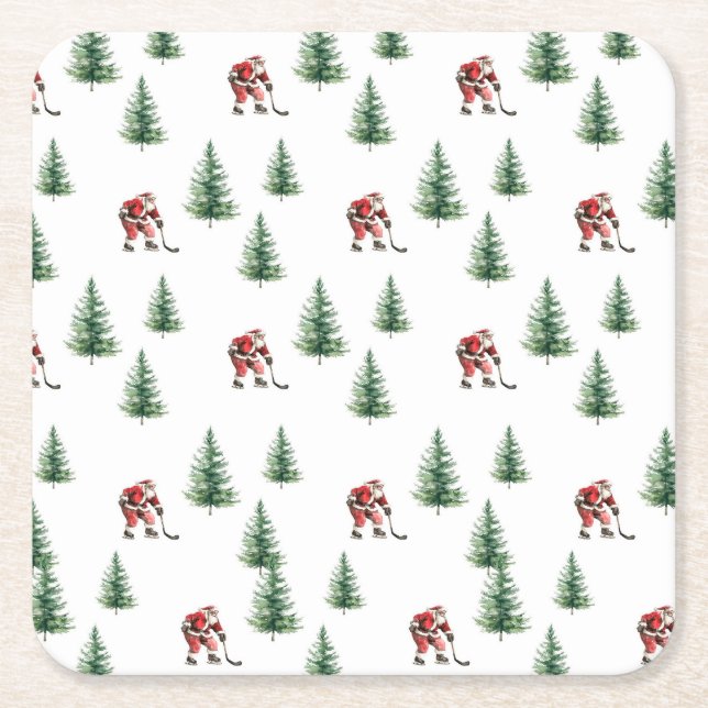 Santa Playing Hockey Napkin Gift Christmas Party Square Paper Coaster (Front)