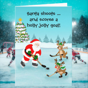 Santa Playing Hockey with Reindeer Christmas Card