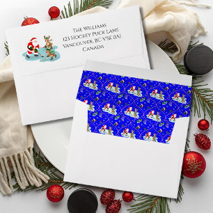 Santa Playing Ice Hockey Christmas Pattern Blue Envelope