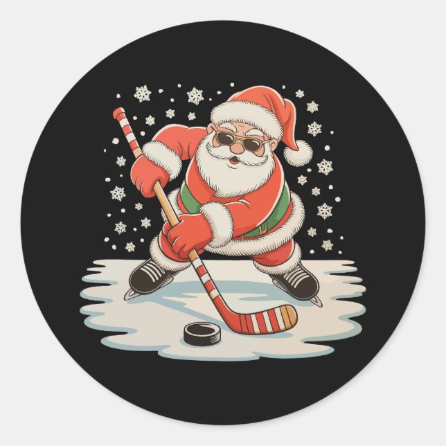 Santa Playing Ice Hockey Christmas Xmas Sport Classic Round Sticker (Front)