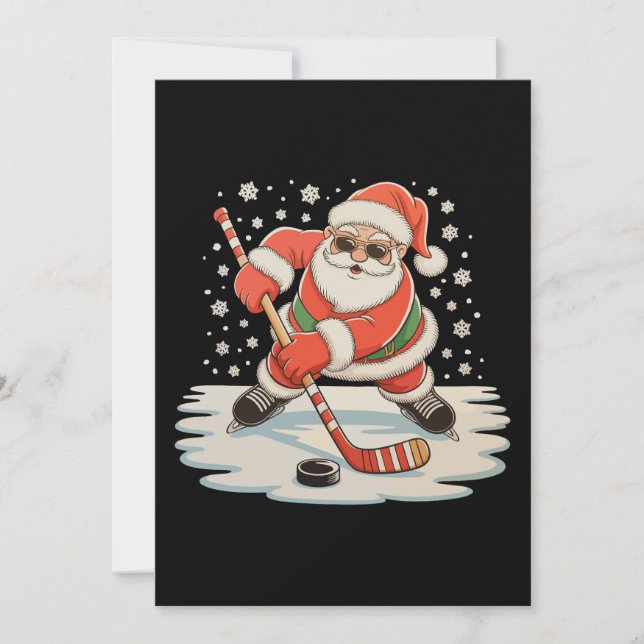 Santa Playing Ice Hockey Christmas Xmas Sport Holiday Card (Front)