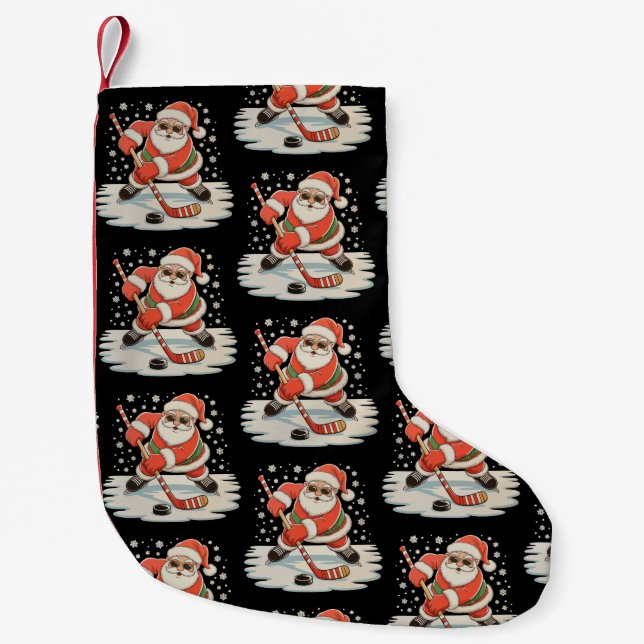 Santa Playing Ice Hockey Christmas Xmas Sport Small Christmas Stocking (Front)