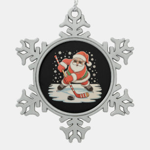 Santa Playing Ice Hockey Christmas Xmas Sport Snowflake Pewter Christmas Ornament