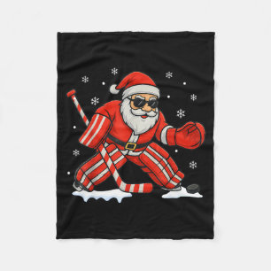 Santa Playing Ice Hockey Goalie Christmas Fleece Blanket