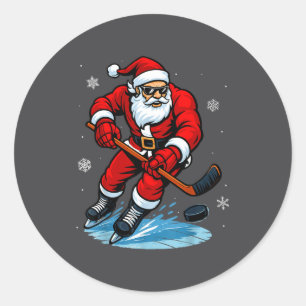 Santa Playing Ice Hockey Xmas Funny Christmas Hock Classic Round Sticker