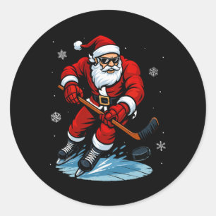 Santa Playing Ice Hockey Xmas Funny Christmas Hock Classic Round Sticker