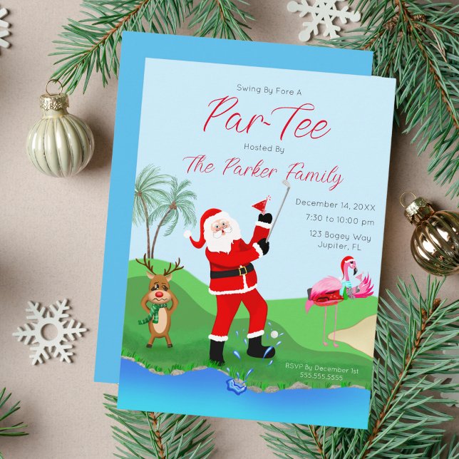 Santa Playing Out Of Water With Martini Party  Invitation (Swing into festive fun with our 'Par-Tee This Christmas!' invitation!)