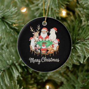 Santa Playing Poker Polar Bear Penguin Reindeer Ceramic Tree Decoration