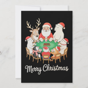 Santa Playing Poker Polar Bear Penguin Reindeer Holiday Card