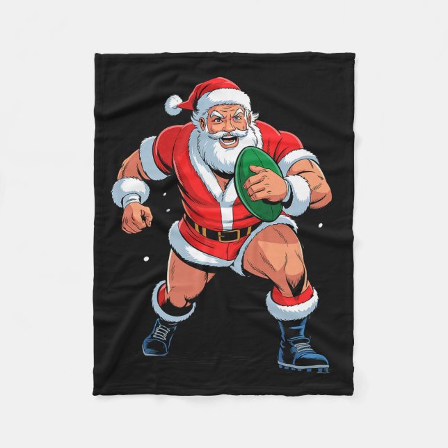 Santa Playing Rugby Funny Holiday Christmas Xmas P Fleece Blanket (Front)