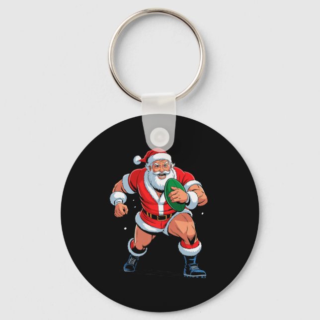 Santa Playing Rugby Funny Holiday Christmas Xmas P Key Ring (Front)