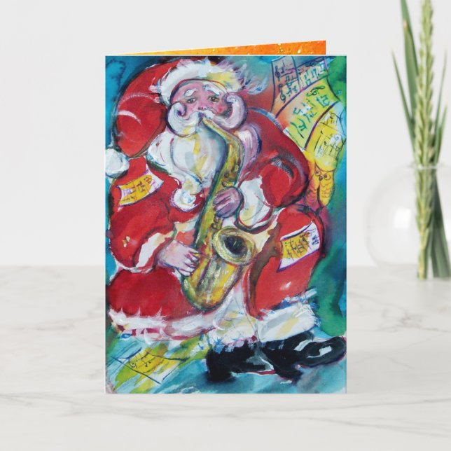 SANTA PLAYING SAX, MUSICAL CHRISTMAS Gold Floral Holiday Card (Front)