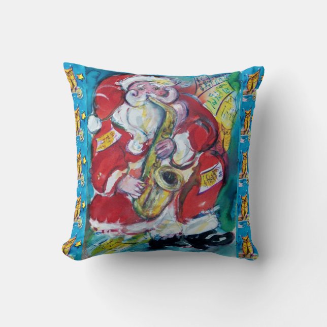 SANTA PLAYING SAX,OWLS AND STARS CHRISTMAS PARTY CUSHION (Front)