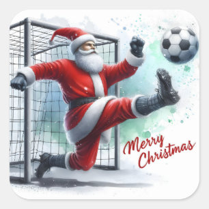 Santa Playing Soccer in the Snow Square Sticker