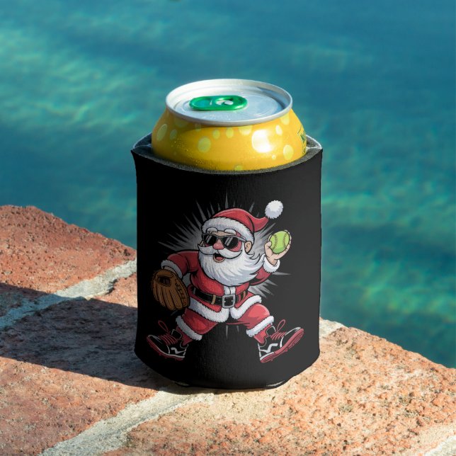 Santa Playing Softball as Pitcher Christmas Sports Can Cooler (In Situ Pool)