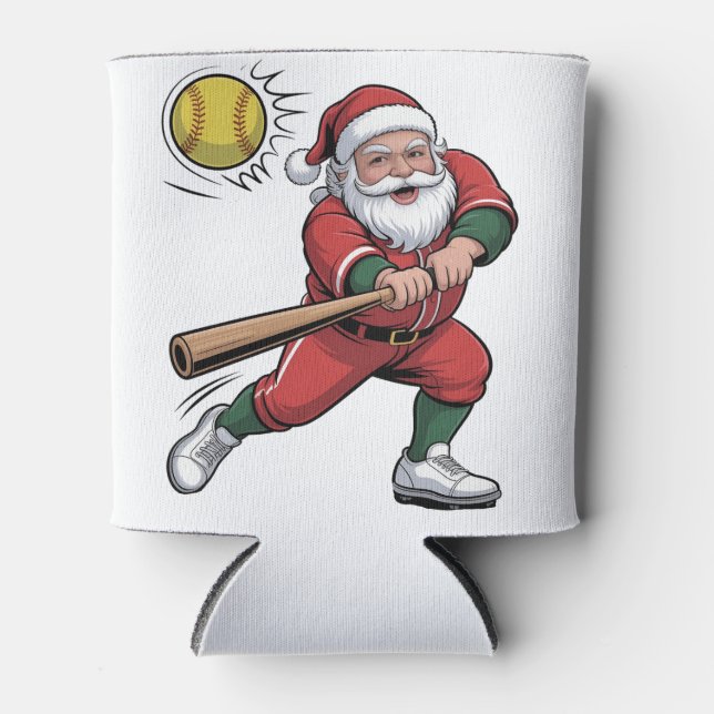 Santa Playing Softball Christmas Player Sport Can Cooler (Front)