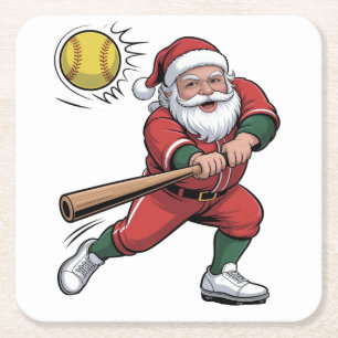 Santa Playing Softball Christmas Player Sport Square Paper Coaster