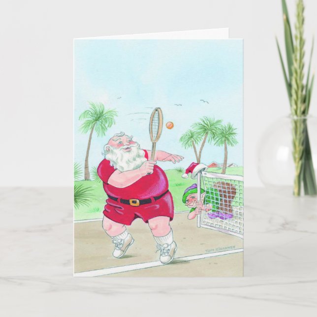 Santa playing tennis Christmas customisable card (Front)