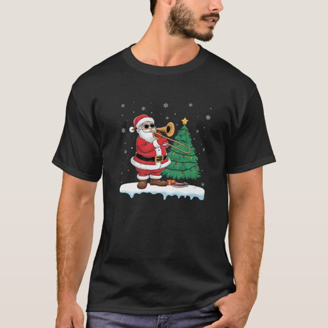 Santa Playing Trombone Boys Girls Kids Tree Lights T-Shirt (Front)