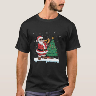 Santa Playing Trombone Boys Girls Kids Tree Lights T-Shirt