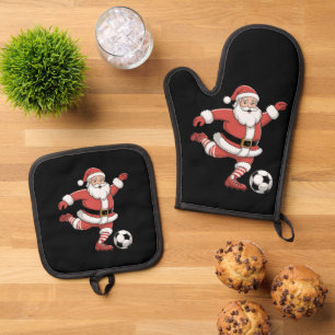 Santa Plays Soccer Christmas Sports Oven Mitt & Pot Holder Set