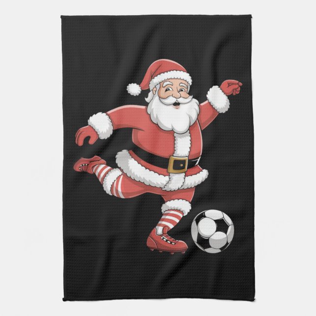 Santa Plays Soccer Christmas Sports Tea Towel (Vertical)