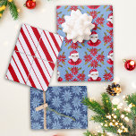 Santa Poinsettia Peppermint Stripe Retro Christmas Wrapping Paper Sheet<br><div class="desc">This fun trio of designs features classic retro hand drawn designs that include Santa Claus,  red and blue poinsettias,  and a fun messy peppermint stripe.</div>