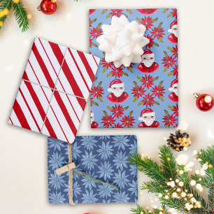 Santa Poinsettia Peppermint Stripe Retro Christmas Wrapping Paper Sheet