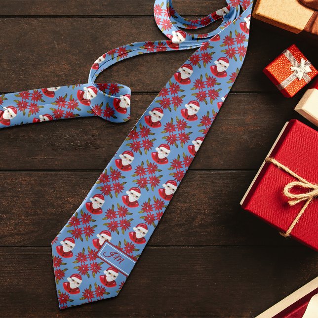 Santa Poinsettia Traditional Add Initial Christmas Tie (Creator Uploaded)