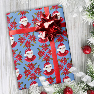 Santa Poinsettia Traditional Blue Red Christmas Wrapping Paper