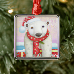 Santa Polar Bear Christmas Metal Tree Decoration