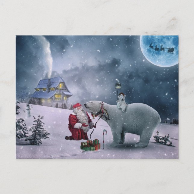 Santa, polar bear, sleigh, reindeer, Christmas Holiday Postcard (Front)