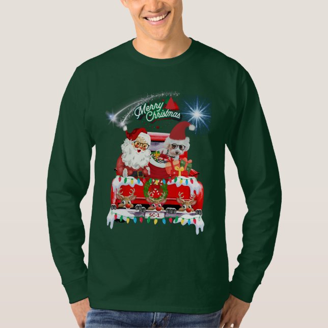 Santa & Poodle Christmas Red Pickup Tee (Front)